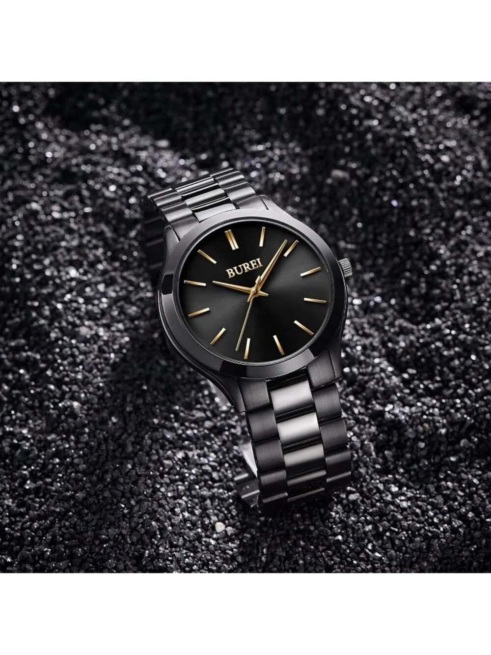 Men's Black And Gold Analog Quartz Stainless Steel Waterproof Round Luxury Watch